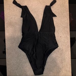 Deep V black one piece swim suit